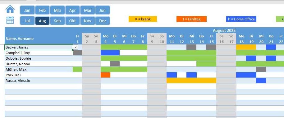 Abwesenheitsplaner Tabelle mit farblich codierten Daten und verschiedenen Spalten für Informationen. Abwesenheitsplaner